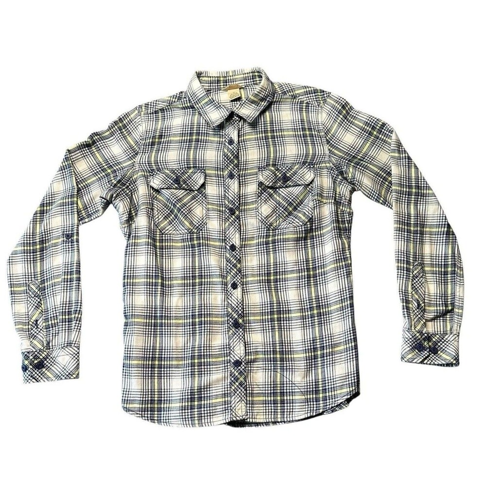 Duluth Trading Womens M Flannel Shirt Blue Yellow Plaid Button Up Long Sleeve